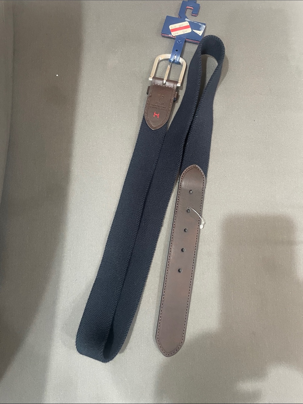 Tommy Hilfiger Navy Webbing Belt with Brown Leather Trim